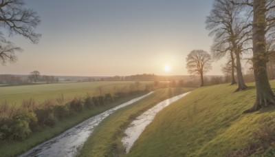 outdoors,sky,day,cloud,water,tree,no humans,sunlight,grass,nature,scenery,forest,sunset,mountain,sun,road,bare tree,river,landscape,path,sunrise,plant,bush,field