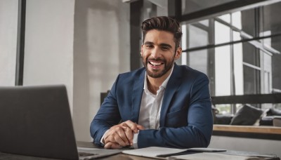 solo,looking at viewer,smile,short hair,brown hair,shirt,black hair,long sleeves,1boy,jacket,closed eyes,white shirt,upper body,male focus,open clothes,teeth,collared shirt,indoors,grin,blurry,open jacket,window,facial hair,blue jacket,beard,meme,realistic,mustache,computer,monitor,laptop,photo background,keyboard (computer),real life insert,open mouth,brown eyes,sitting,dress shirt,blurry background,parody,blazer