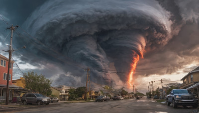 outdoors, sky, cloud, tree, no humans, cloudy sky, fire, ground vehicle, building, scenery, motor vehicle, smoke, monster, car, road, house, power lines, street, utility pole, kaijuu