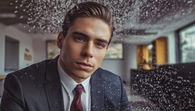 solo,looking at viewer,short hair,brown hair,shirt,1boy,brown eyes,closed mouth,jacket,white shirt,upper body,male focus,necktie,collared shirt,indoors,blurry,black eyes,black jacket,blurry background,chair,formal,suit,red necktie,meme,snowing,realistic,photo background,suit jacket,real life insert,office,black hair,lips,window,depth of field,expressionless,portrait,snow,purple necktie,black suit