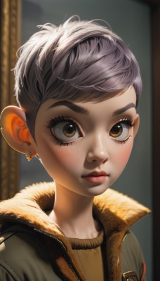 1girl,solo,looking at viewer,short hair,bangs,shirt,brown eyes,jewelry,closed mouth,jacket,upper body,grey hair,earrings,blurry,lips,coat,fur trim,eyelashes,makeup,blurry background,thick eyebrows,portrait,freckles,realistic,nose,red lips,very short hair,purple hair,swept bangs,zipper,yellow shirt