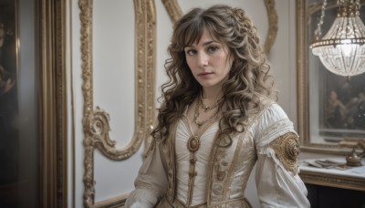 1girl,solo,long hair,breasts,looking at viewer,blue eyes,brown hair,long sleeves,dress,brown eyes,jewelry,upper body,indoors,necklace,white dress,lips,wavy hair,reflection,curly hair,mirror,realistic,picture frame,painting (object),portrait (object),bangs,cleavage,medium breasts,earrings,brooch,candle,chandelier