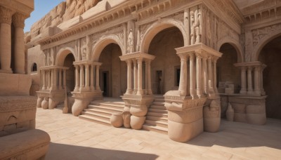 outdoors,sky,day,blue sky,no humans,shadow,building,scenery,stairs,architecture,pillar,statue,arch,column,sunlight,shade