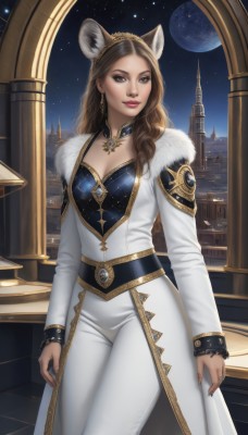 1girl,solo,long hair,breasts,looking at viewer,smile,brown hair,long sleeves,dress,animal ears,cleavage,brown eyes,jewelry,medium breasts,standing,cowboy shot,earrings,parted lips,sky,choker,belt,pants,artist name,necklace,lips,coat,fur trim,makeup,night,watermark,moon,ring,tiara,building,gem,star (sky),night sky,starry sky,gold trim,white pants,fantasy,arms at sides,white coat,planet,pillar,hairband,nail polish,fake animal ears,realistic,castle