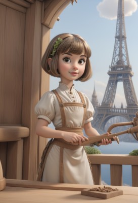 1girl,solo,looking at viewer,smile,short hair,bangs,brown hair,hair ornament,dress,holding,brown eyes,closed mouth,standing,short sleeves,hairband,outdoors,sky,day,puffy sleeves,cloud,blunt bangs,water,white dress,apron,blue sky,puffy short sleeves,lips,bob cut,building,nose,fantasy,railing,watercraft,bridge,ship,boat,steampunk,wood,jewelry,earrings,food,cookie