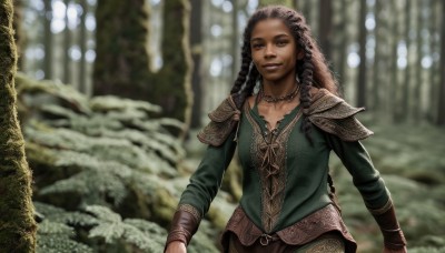 1girl,solo,long hair,breasts,looking at viewer,smile,brown hair,shirt,black hair,long sleeves,brown eyes,jewelry,closed eyes,upper body,braid,outdoors,parted lips,belt,dark skin,necklace,armor,blurry,twin braids,dark-skinned female,tree,lips,depth of field,blurry background,shoulder armor,nature,pauldrons,realistic,nose,green shirt,bracer,dreadlocks,multiple braids,forest