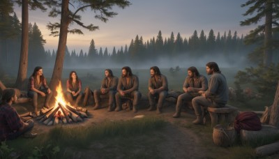 1girl,long hair,multiple girls,brown hair,shirt,black hair,sitting,jacket,boots,outdoors,food,multiple boys,sky,pants,tree,facial hair,grass,fire,nature,scenery,beard,sleeves rolled up,forest,6+boys,sunset,rock,mountain,mustache,cooking,log,tent,campfire,short hair,hat,2girls,vest,plaid,indian style,plaid shirt