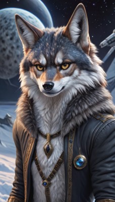 solo,looking at viewer,1boy,animal ears,jewelry,jacket,yellow eyes,upper body,male focus,outdoors,open clothes,sky,artist name,signature,necklace,black jacket,fur trim,no humans,night,animal,moon,brooch,gem,star (sky),night sky,furry,snow,full moon,pendant,starry sky,colored sclera,furry male,body fur,leather,animal focus,white fur,planet,wolf,grey fur,open jacket,fur collar,mountain,realistic,space,earth (planet)