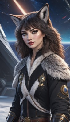 1girl,solo,long hair,looking at viewer,bangs,brown hair,long sleeves,animal ears,brown eyes,closed mouth,jacket,upper body,sky,belt,artist name,cat ears,signature,lips,fur trim,makeup,star (sky),buckle,starry sky,freckles,realistic,nose,red lips,space,leather,planet,black hair,wolf ears,cropped jacket