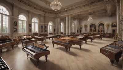 day,indoors,tree,no humans,window,shadow,chair,table,sunlight,instrument,scenery,wooden floor,stairs,music,architecture,playing instrument,pillar,statue,piano,church,candlestand,reflective floor,chandelier,grand piano,plant,painting (object)