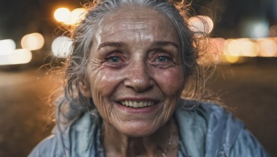 1girl,solo,looking at viewer,smile,blue eyes,grey hair,teeth,grin,blurry,lips,depth of field,blurry background,messy hair,portrait,realistic,nose,old,bokeh,old woman,wrinkled skin,1boy,jewelry,male focus,necklace,scar