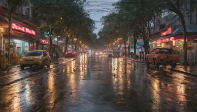 outdoors, sky, cloud, tree, dutch angle, no humans, night, ground vehicle, building, scenery, motor vehicle, reflection, rain, city, sign, car, road, power lines, lamppost, street, puddle