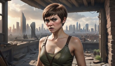 1girl,solo,breasts,looking at viewer,short hair,blue eyes,large breasts,brown hair,cleavage,bare shoulders,jewelry,medium breasts,collarbone,upper body,weapon,earrings,parted lips,sky,cloud,mole,lips,gun,window,cloudy sky,tank top,building,freckles,city,realistic,nose,stud earrings,cityscape,ruins,dirty,strap between breasts,post-apocalypse,bangs,brown eyes,outdoors,sleeveless,makeup,sunlight,lipstick,dirty face