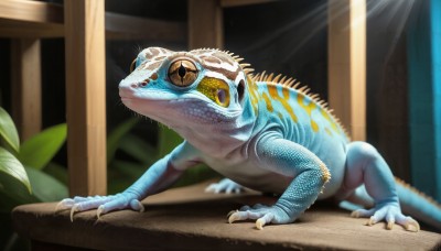 HQ,solo,closed mouth,full body,yellow eyes,teeth,indoors,signature,blurry,no humans,animal,sunlight,plant,claws,monster,realistic,scales,animal focus,whiskers,dinosaur,lizard,standing,blurry background,light rays,turtle