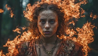 1girl,solo,long hair,looking at viewer,blue eyes,brown hair,jewelry,upper body,parted lips,dark skin,necklace,blurry,dark-skinned female,lips,makeup,blurry background,fire,lipstick,portrait,freckles,curly hair,realistic,black hair,earrings,gold