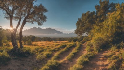 outdoors,sky,day,cloud,signature,tree,blue sky,no humans,sunlight,grass,nature,scenery,forest,sunset,mountain,sun,landscape,mountainous horizon,path,sunrise,light rays,road