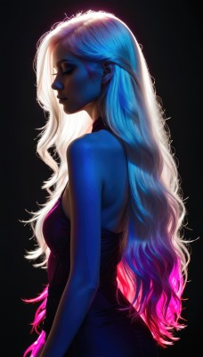 1girl,solo,long hair,breasts,simple background,dress,bare shoulders,medium breasts,very long hair,blue hair,closed eyes,upper body,pink hair,white hair,multicolored hair,sleeveless,black dress,from side,two-tone hair,lips,gradient hair,profile,makeup,glowing,colored skin,wavy hair,black background,purple dress,blue skin,glowing hair,closed mouth,standing,small breasts,artist name,dark skin,dark-skinned female,eyelashes,sleeveless dress,blue dress,watermark,eyeshadow,backlighting,backless outfit,nose,backless dress,sidelighting