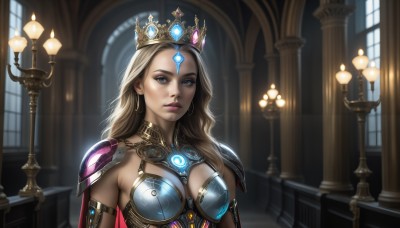 HQ,1girl,solo,long hair,breasts,looking at viewer,blue eyes,blonde hair,brown hair,cleavage,jewelry,medium breasts,closed mouth,upper body,earrings,indoors,cape,armor,blurry,lips,grey eyes,window,makeup,glowing,tiara,crown,shoulder armor,gem,armlet,pauldrons,realistic,nose,candle,bikini armor,shoulder pads,large breasts,facial mark,backlighting,forehead mark,red cape,pillar