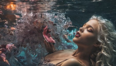 1girl,solo,long hair,breasts,blonde hair,large breasts,cleavage,medium breasts,closed eyes,white hair,parted lips,water,lips,eyelashes,makeup,animal,lipstick,fish,bubble,underwater,realistic,nose,red lips,air bubble