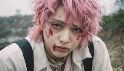 solo,looking at viewer,short hair,bangs,shirt,1boy,closed mouth,white shirt,upper body,pink hair,male focus,outdoors,day,collared shirt,medium hair,blurry,black eyes,lips,grey eyes,blood,depth of field,blurry background,wavy hair,scar,suspenders,messy hair,portrait,injury,blood on face,realistic,blood on clothes,tongue,tongue out,collar,scar on face,licking lips