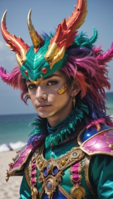 1girl,solo,long hair,looking at viewer,smile,black hair,brown eyes,jewelry,closed mouth,upper body,multicolored hair,earrings,outdoors,horns,sky,day,dark skin,water,armor,blurry,dark-skinned female,blue sky,lips,blurry background,ocean,beach,helmet,feathers,shoulder armor,gem,portrait,pauldrons,realistic,nose,sand,feather hair ornament,winged helmet,hair ornament,necklace,makeup,headdress