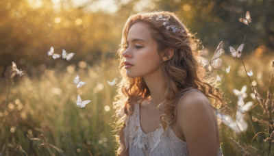 1girl, solo, long hair, blonde hair, dress, bare shoulders, brown eyes, upper body, outdoors, parted lips, sleeveless, white dress, blurry, lips, eyelashes, depth of field, blurry background, bug, butterfly, curly hair, realistic, nose, bokeh