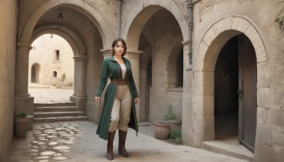 1girl,solo,breasts,looking at viewer,smile,short hair,brown hair,shirt,black hair,long sleeves,brown eyes,medium breasts,closed mouth,standing,full body,boots,outdoors,belt,pants,lips,coat,window,brown footwear,knee boots,plant,building,clenched hands,walking,stairs,door,arms at sides,potted plant,brown pants,arch,pants tucked in,jewelry,day,scenery,green jacket,brown belt,wide shot,pillar,green coat