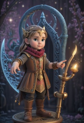 1girl,solo,long hair,looking at viewer,blue eyes,brown hair,hair ornament,jewelry,standing,full body,boots,scarf,tree,brown footwear,child,circlet,fantasy,magic,candle,blonde hair,1boy,weapon,artist name,night,tiara,realistic