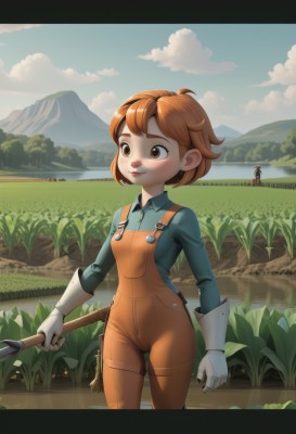 1girl,solo,smile,short hair,bangs,brown hair,shirt,gloves,long sleeves,holding,brown eyes,closed mouth,standing,cowboy shot,hairband,outdoors,sky,solo focus,day,collared shirt,artist name,cloud,white gloves,water,orange hair,blue sky,thick eyebrows,cloudy sky,grass,blue shirt,letterboxed,mountain,overalls,mountainous horizon,blush,1boy,flower,plant,scenery,field