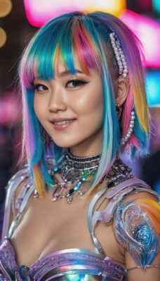 1girl,solo,breasts,looking at viewer,smile,short hair,bangs,blonde hair,hair ornament,cleavage,brown eyes,jewelry,medium breasts,blue hair,upper body,pink hair,multicolored hair,earrings,small breasts,parted lips,teeth,choker,medium hair,necklace,grin,blurry,black eyes,two-tone hair,lips,streaked hair,aqua hair,gradient hair,makeup,blurry background,gem,science fiction,realistic,nose,rainbow hair,large breasts,sidelocks,sleeveless,artist name,eyelashes,tattoo,watermark,piercing,bokeh