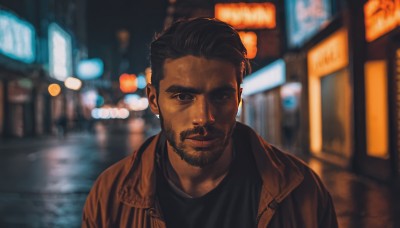 solo,looking at viewer,short hair,shirt,black hair,1boy,jewelry,closed mouth,jacket,upper body,male focus,earrings,outdoors,open clothes,dark skin,blurry,black eyes,open jacket,black shirt,night,depth of field,blurry background,facial hair,dark-skinned male,beard,brown jacket,city,mature male,realistic,undercut,city lights,smile,brown eyes,thick eyebrows,portrait,mustache,leather,leather jacket