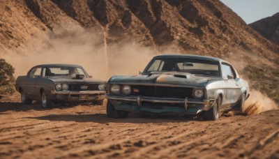 outdoors,blurry,no humans,ground vehicle,scenery,motor vehicle,mountain,car,vehicle focus,desert,dust,wheel,sports car,truck,sky,day,tree,realistic