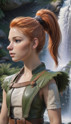 1girl,solo,long hair,breasts,blue eyes,brown hair,shirt,hair ornament,white shirt,upper body,ponytail,small breasts,outdoors,parted lips,sleeveless,belt,signature,water,orange hair,blurry,vest,from side,lips,depth of field,blurry background,high ponytail,buckle,freckles,realistic,nose,fringe trim,hair pulled back,open vest,waterfall,short sleeves,profile,nature