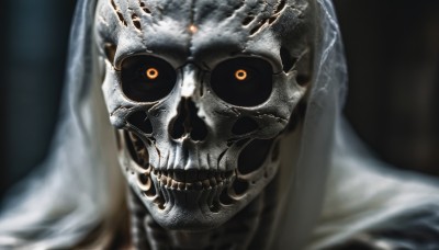 solo,looking at viewer,smile,1boy,yellow eyes,male focus,teeth,hood,blurry,orange eyes,mask,depth of field,blurry background,black background,portrait,cloak,close-up,1other,hood up,colored sclera,skull,horror (theme),eye focus,simple background,no humans,glowing,veil,black sclera,skeleton