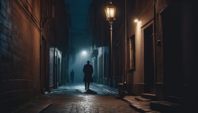 solo,1boy,standing,male focus,outdoors,sky,from behind,coat,night,shadow,building,night sky,scenery,1other,city,door,silhouette,light,road,dark,lamppost,street,ambiguous gender,alley,lamp,power lines