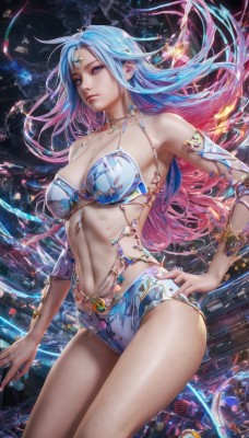 1girl,solo,long hair,breasts,blue eyes,large breasts,navel,cleavage,bare shoulders,jewelry,medium breasts,closed mouth,blue hair,standing,swimsuit,pink hair,bikini,thighs,multicolored hair,cowboy shot,shorts,stomach,nail polish,two-tone hair,lips,fingernails,hand on hip,gradient hair,gem,armlet,realistic,nose,bikini armor,forehead jewel,looking at viewer,necklace,bracelet,floating hair,watermark,web address,circlet