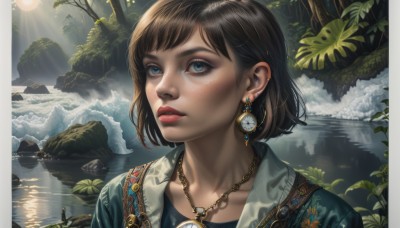 1girl,solo,short hair,bangs,blue eyes,brown hair,shirt,jewelry,collarbone,earrings,outdoors,parted lips,day,water,necklace,tree,lips,looking to the side,eyelashes,makeup,leaf,looking away,border,sunlight,plant,lipstick,ear piercing,portrait,nature,pendant,freckles,reflection,watch,light rays,rock,realistic,nose,sun,red lips,looking afar,river,waterfall,looking at viewer,black hair,upper body,piercing,blue shirt,scenery,forest,eyeliner,watercraft,waves,boat,lake