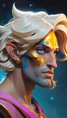 solo,short hair,bangs,blue eyes,blonde hair,1boy,jewelry,male focus,earrings,parted lips,teeth,shiny,artist name,shiny hair,from side,lips,gradient,gradient background,glowing,blue background,facial mark,looking up,portrait,star (sky),nose,white hair,eyelashes,mask,facepaint,forehead jewel