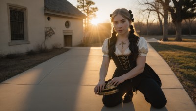 1girl,solo,long hair,breasts,looking at viewer,brown hair,shirt,dress,holding,cleavage,brown eyes,jewelry,full body,yellow eyes,braid,short sleeves,earrings,boots,outdoors,puffy sleeves,pants,necklace,black footwear,tree,puffy short sleeves,lips,window,shadow,black pants,sunlight,squatting,cross,building,instrument,scenery,hair over shoulder,corset,cross-laced footwear,backlighting,sunset,realistic,road,cross necklace,house,smile,collarbone,white shirt,small breasts,parted lips,day,twin braids,kneeling,parody,grass,headwear removed,hat removed,sun,one knee,church