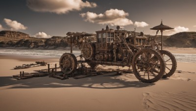 outdoors,sky,day,cloud,water,no humans,shadow,ocean,beach,cloudy sky,ground vehicle,scenery,motor vehicle,sand,horizon,watercraft,vehicle focus,sepia,brown theme,desert,wheel,steampunk,military,military vehicle,shore