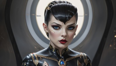 1girl,solo,looking at viewer,short hair,blue eyes,black hair,hair ornament,jewelry,closed mouth,earrings,shiny,lips,eyelashes,bodysuit,makeup,lipstick,gem,portrait,eyeshadow,science fiction,gold trim,nose,android,red lips,eyeliner,mascara,parted lips,teeth,pointy ears,realistic