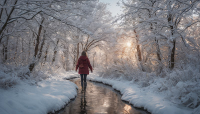 1girl, solo, black hair, standing, pantyhose, boots, outdoors, from behind, tree, coat, dutch angle, nature, scenery, snow, forest, winter clothes, road, winter, bare tree, footprints