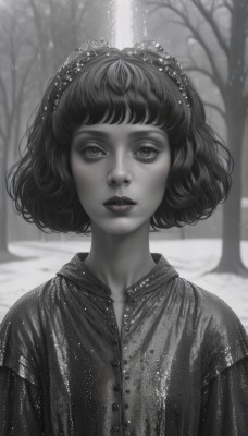 1girl,solo,looking at viewer,short hair,bangs,shirt,hair ornament,closed mouth,monochrome,upper body,greyscale,outdoors,artist name,blurry,tree,lips,eyelashes,makeup,buttons,blurry background,watermark,bob cut,nature,snow,forest,spot color,curly hair,snowing,realistic,nose,winter,bare tree,parted lips,depth of field