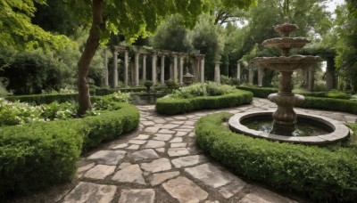 flower,outdoors,day,water,tree,no humans,sunlight,grass,plant,nature,scenery,forest,road,bush,ruins,pillar,statue,path,moss,overgrown,column,pavement,stone lantern