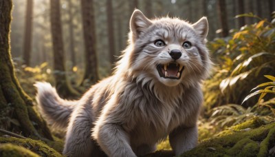 solo,looking at viewer,open mouth,outdoors,day,signature,blurry,black eyes,tree,no humans,depth of field,blurry background,animal,fangs,sunlight,grass,plant,nature,forest,dog,realistic,animal focus