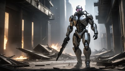 HQ,solo,1boy,holding,standing,purple eyes,weapon,male focus,holding weapon,armor,gun,no humans,glowing,helmet,fire,robot,building,holding gun,mecha,glowing eyes,rifle,science fiction,city,open hand,glowing eye,ruins,damaged,power armor,looking at viewer,realistic,explosion