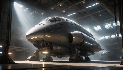 HQ,indoors,signature,military,no humans,window,robot,mecha,machinery,science fiction,light rays,realistic,aircraft,light,spacecraft,lights,cockpit,ground vehicle,military vehicle,vehicle focus