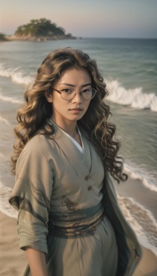 1girl,solo,long hair,looking at viewer,brown hair,long sleeves,brown eyes,jewelry,standing,cowboy shot,outdoors,parted lips,japanese clothes,glasses,day,kimono,water,necklace,blurry,black eyes,lips,sash,blurry background,ocean,wavy hair,beach,freckles,curly hair,realistic,round eyewear,sand,waves,shore,skirt,closed mouth,upper body,watermark,forehead,nose