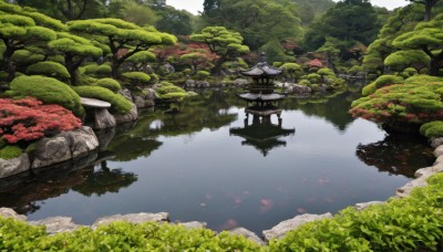 outdoors,day,water,tree,no humans,cherry blossoms,building,nature,scenery,forest,reflection,architecture,bridge,east asian architecture,river,landscape,lake,pond,rock,reflective water,pagoda