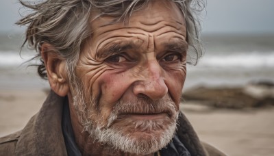 solo,looking at viewer,1boy,brown eyes,closed mouth,grey hair,male focus,outdoors,day,blurry,depth of field,blurry background,facial hair,beach,messy hair,portrait,beard,brown jacket,realistic,mustache,sand,old,old man,wrinkled skin,smile,shirt,jacket,white hair,black eyes,grey eyes,scar,scar on face,manly,desert